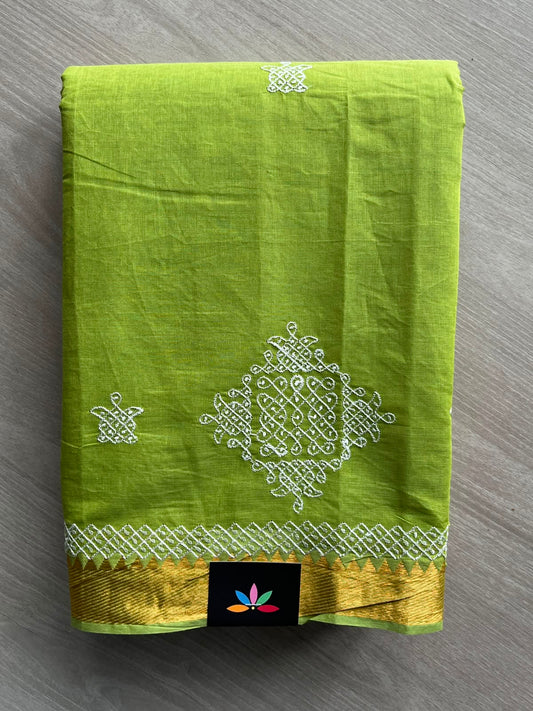 Parrot Green Kolam Embroidered Mangalagiri Cotton Saree - 31403
