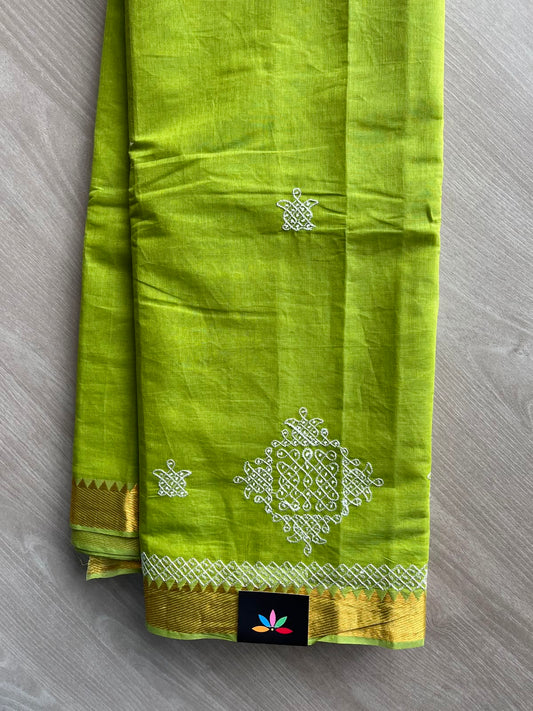 Parrot Green Kolam Embroidered Mangalagiri Cotton Saree - 31403