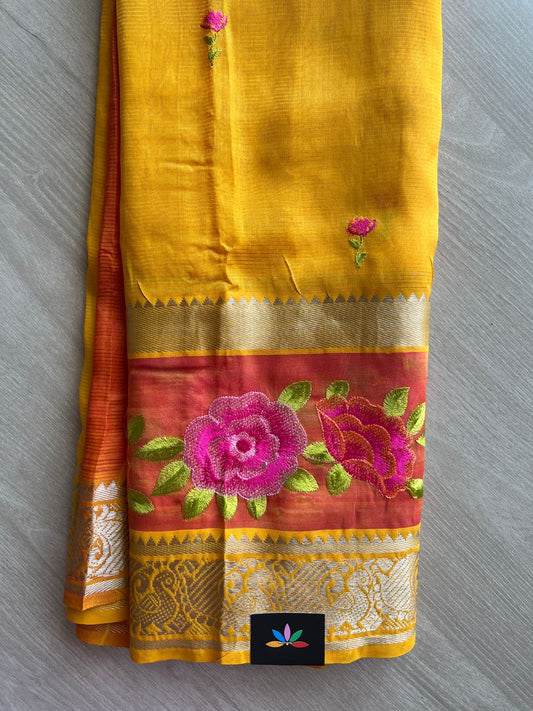 Mango Yellow Embroidered Handloom Mangalagiri Silk Cotton Saree-31404