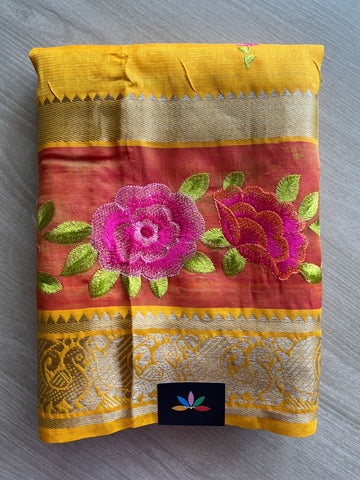 Mango Yellow Embroidered Handloom Mangalagiri Silk Cotton Saree-31404
