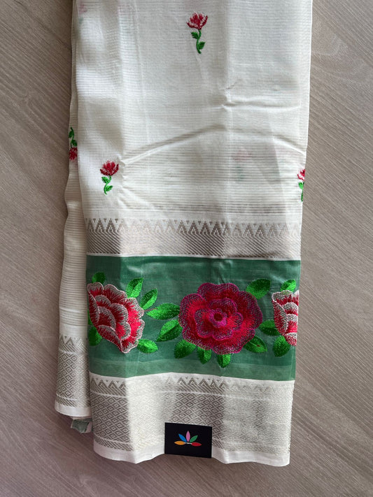 White Embroidered Handloom Mangalagiri Silk Cotton Saree-31405