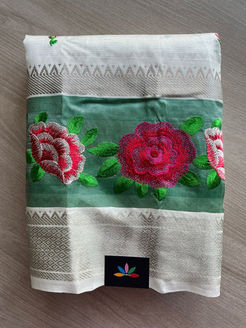 White Embroidered Handloom Mangalagiri Silk Cotton Saree-31405