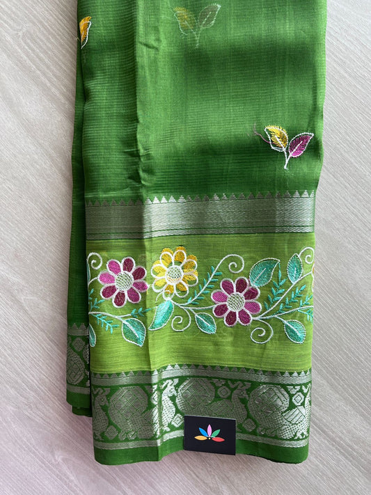 Mid Green Embroidered Handloom Mangalagiri Silk Cotton Saree-31406