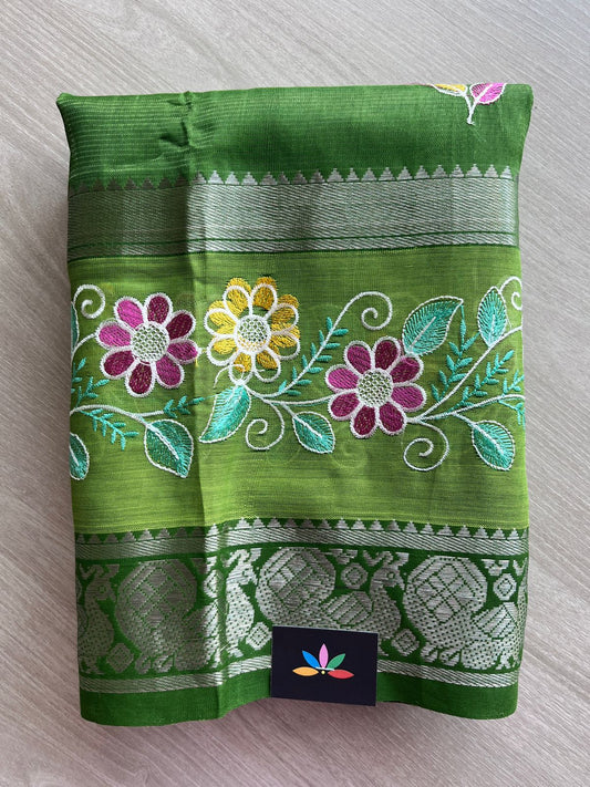 Mid Green Embroidered Handloom Mangalagiri Silk Cotton Saree-31406