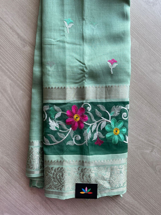 Seafoam Green Embroidered Handloom Mangalagiri Silk Cotton Saree-31407