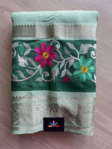 Seafoam Green Embroidered Handloom Mangalagiri Silk Cotton Saree-31407