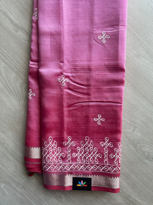 Raspberry Pink Kolam Embroidered Mangalagiri Silk Cotton Saree - 32198