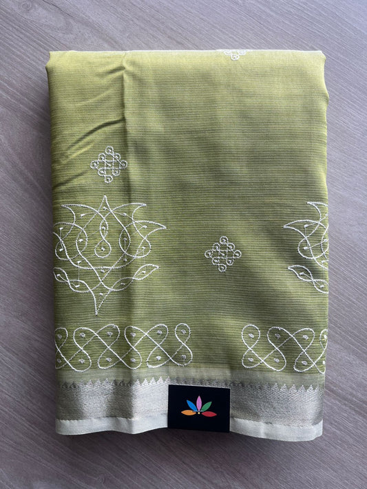 Light Olive Green Kolam Embroidered Mangalagiri Silk Cotton Saree - 32199