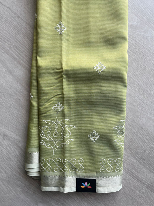 Light Olive Green Kolam Embroidered Mangalagiri Silk Cotton Saree - 32199