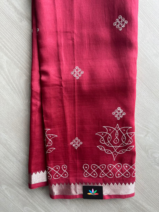 Burgundy Shade Kolam Embroidered Mangalagiri Silk Cotton Saree - 32200
