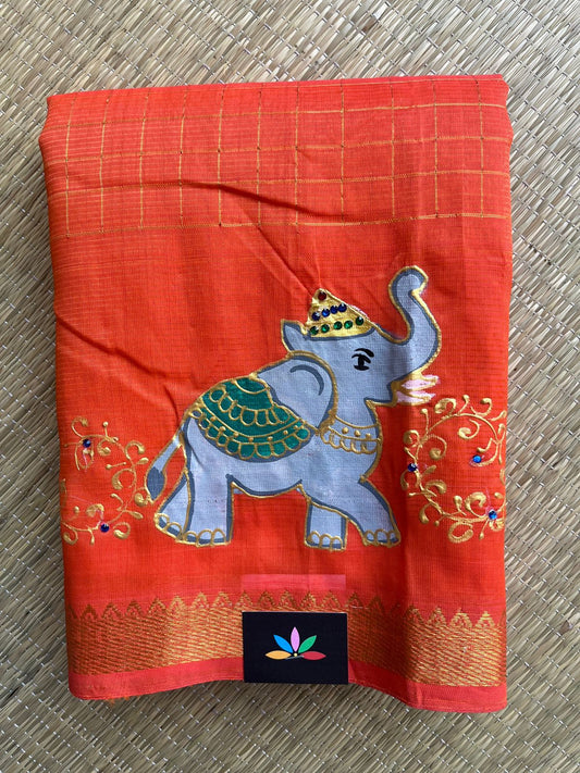 Hand Painted Mangalagiri Silk Cotton Saree - 32204