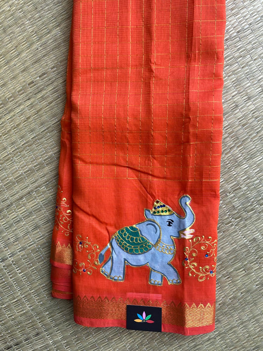 Hand Painted Mangalagiri Silk Cotton Saree - 32204