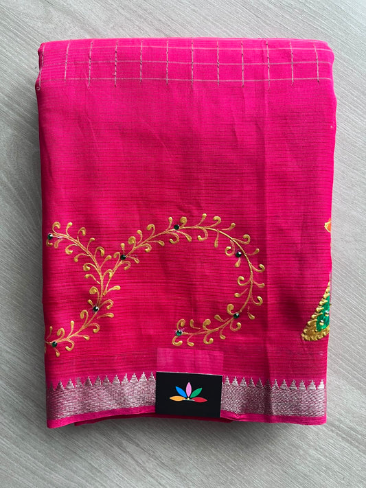 Fuchsia Hand Painted Mangalagiri Silk Cotton Saree - 32205