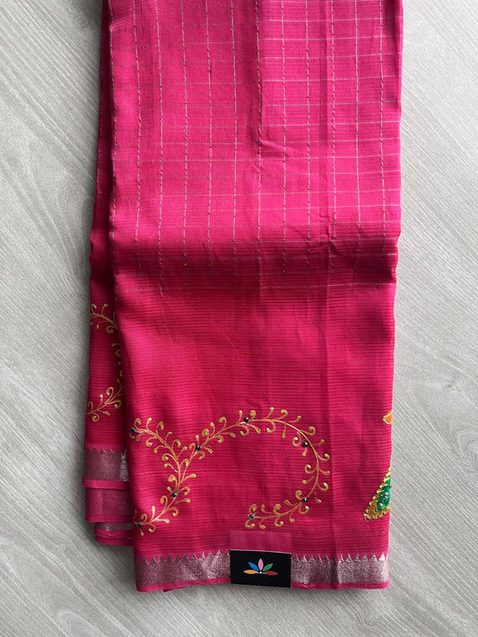 Fuchsia Hand Painted Mangalagiri Silk Cotton Saree - 32205