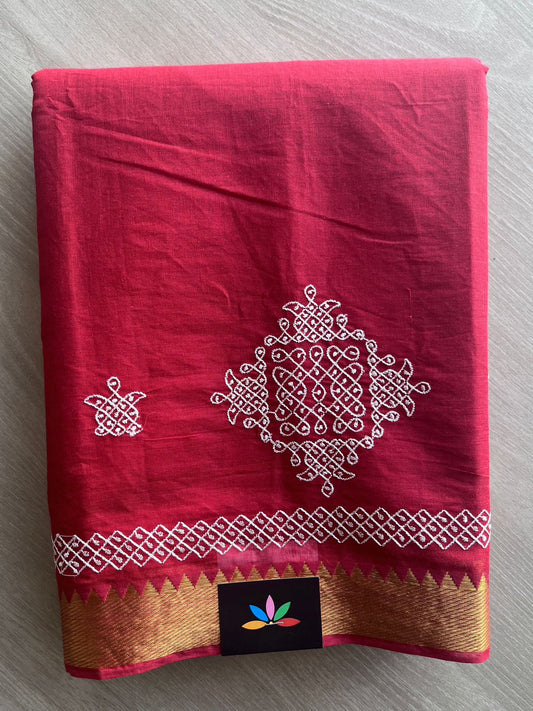 Crimson Red Kolam Embroidered Mangalagiri Cotton Saree - 32207