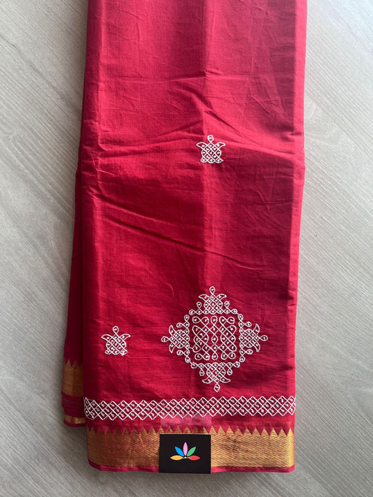 Crimson Red Kolam Embroidered Mangalagiri Cotton Saree - 32207