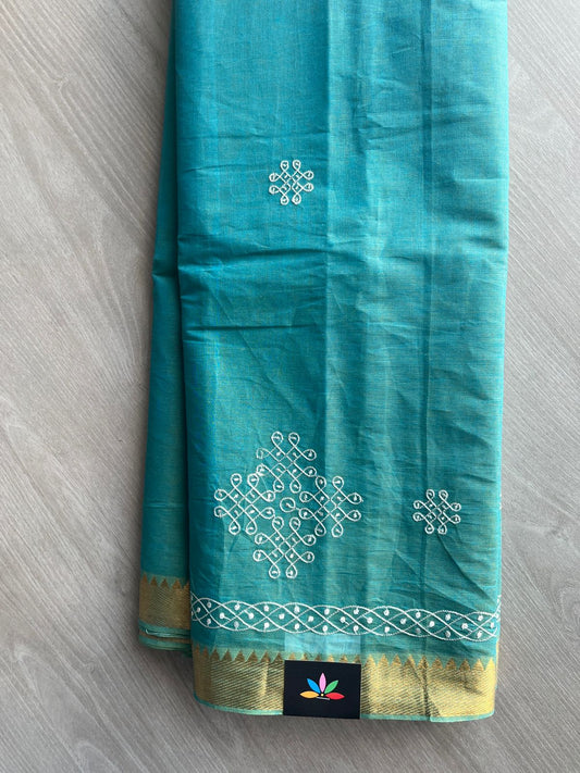 Teal Blue Kolam Embroidered Mangalagiri Cotton Saree - 32211