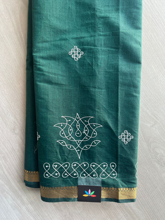 Emerald Green Kolam Embroidered Mangalagiri Cotton Saree - 32214