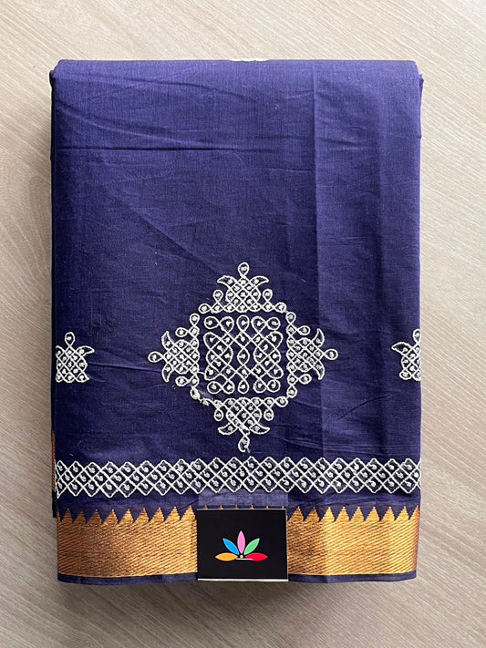 Midnight Purple Kolam Embroidered Mangalagiri Cotton Saree - 32215