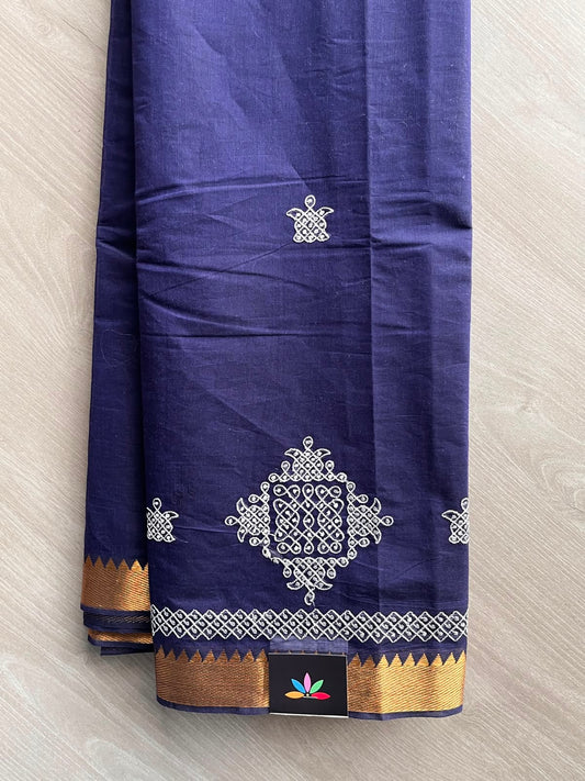 Midnight Purple Kolam Embroidered Mangalagiri Cotton Saree - 32215