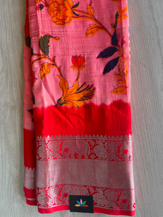 Kanchi Border Double Dyed Floral Print Mangalagiri Silk Cotton Saree - 33152