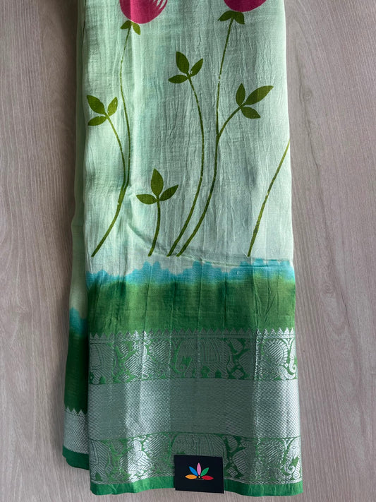 Kanchi Border Double Dyed Floral Print Mangalagiri Silk Cotton Saree - 33154