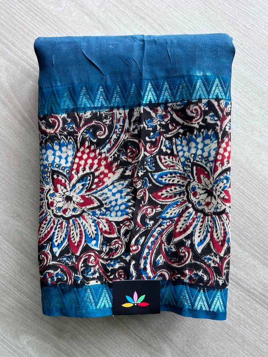 Yale Blue Kalamkari Border Mangalagiri Silk Cotton Saree - 35382