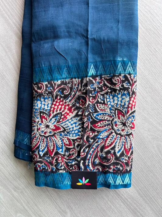 Yale Blue Kalamkari Border Mangalagiri Silk Cotton Saree - 35382