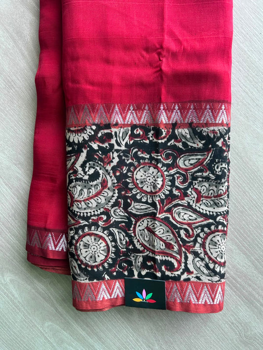 Amaranth Red Kalamkari Border Mangalagiri Silk Cotton Saree - 35387