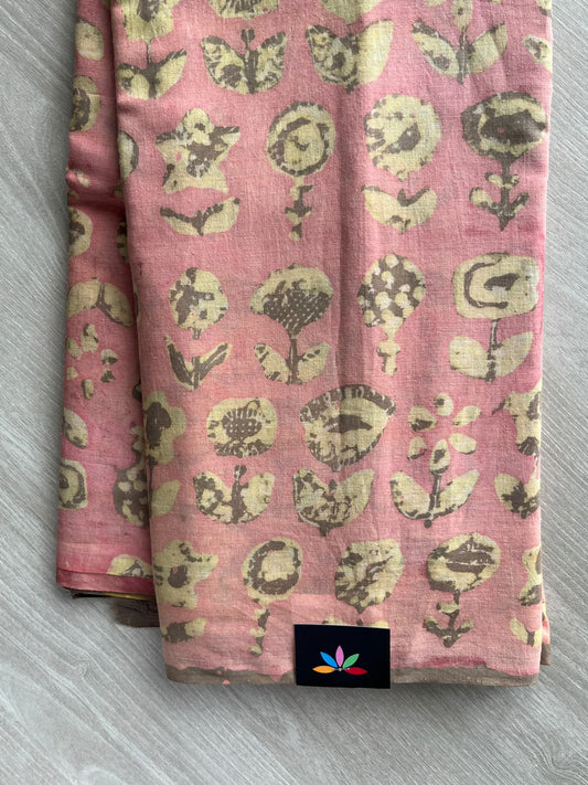 Dusty Rose Natural Dyed Handblock Printed Mul Cotton Saree - 36475