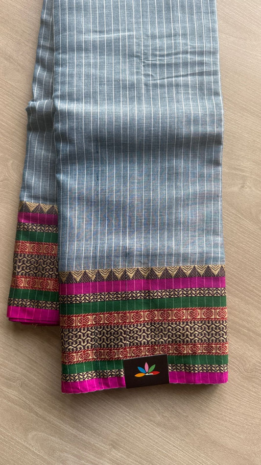 Stripped Long Border Narayanpet Mercerized Cotton Saree -24776-24777