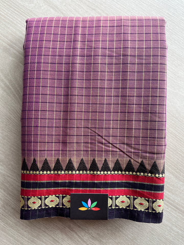 Muted Purple Checked Small Border Narayanpet Cotton Saree - 27852