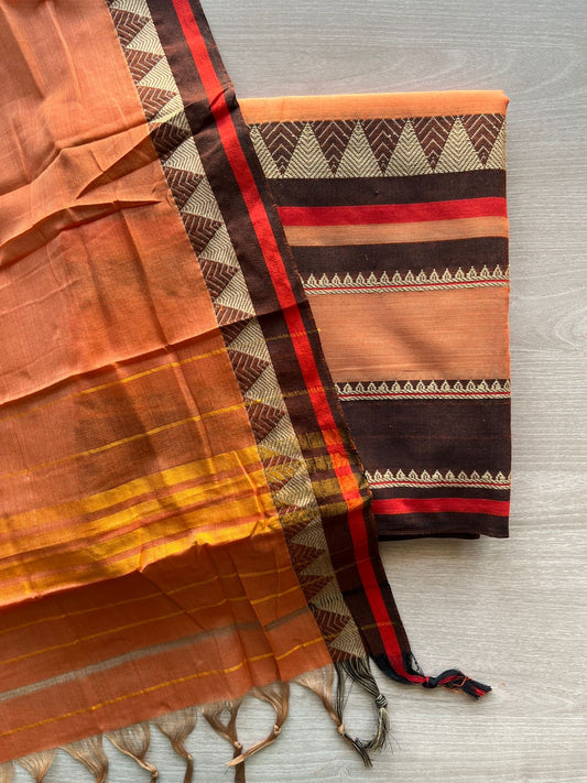 Rust Orange & Brown Border Narayanpet Mercerized Cotton Suit-3 Piece Set -29814