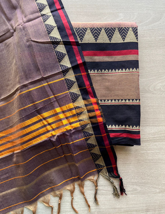 Dual Tone (Muted Purple/Golden) & Black Border Narayanpet Mercerized Cotton Suit-3 Piece Set -29815