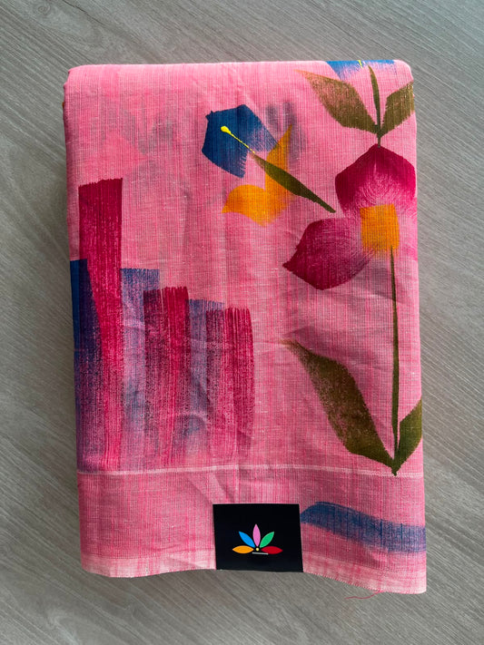 Watermelon Pink Handbrush Printed Textured Cotton Saree - 33577