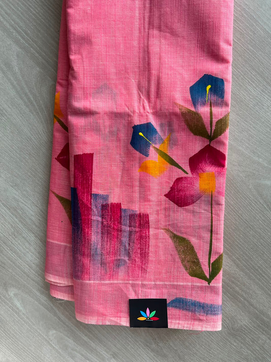 Watermelon Pink Handbrush Printed Textured Cotton Saree - 33577