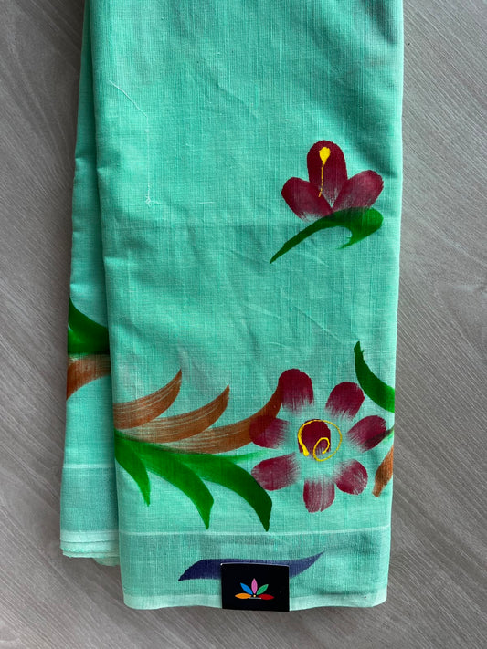 Light Aquamarine Shade Handbrush Printed Textured Cotton Saree - 33580