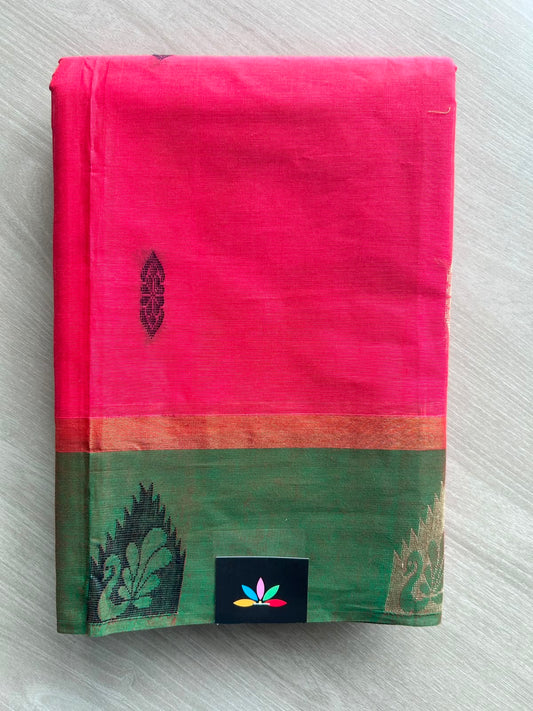 Raspberry Pink Contrast Border Woven Cotton Saree - 33582