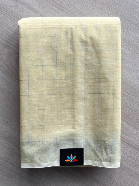 Cream Yellow Checked Cotton Saree - 33590