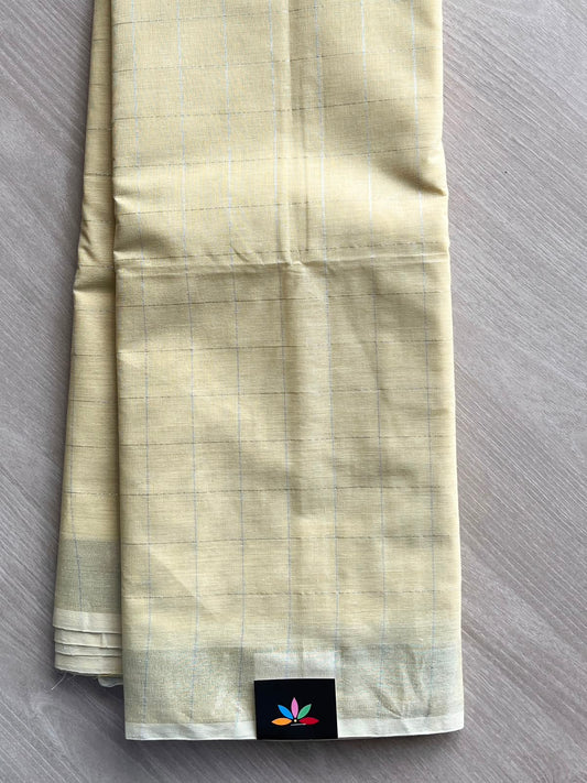 Cream Yellow Checked Cotton Saree - 33590
