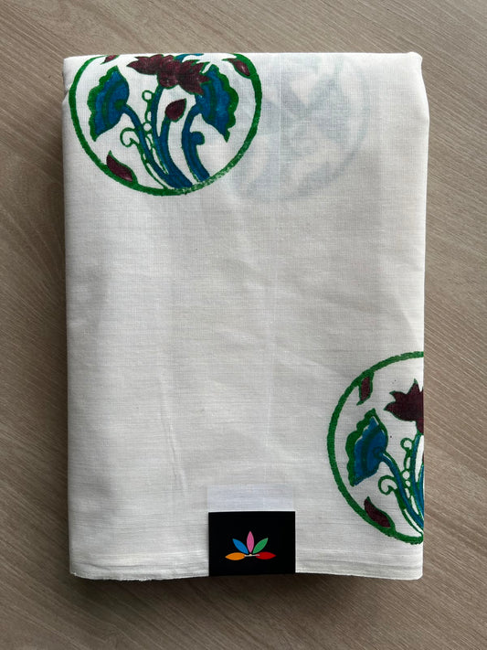 White Simple Block Printed Cotton Saree - 33593