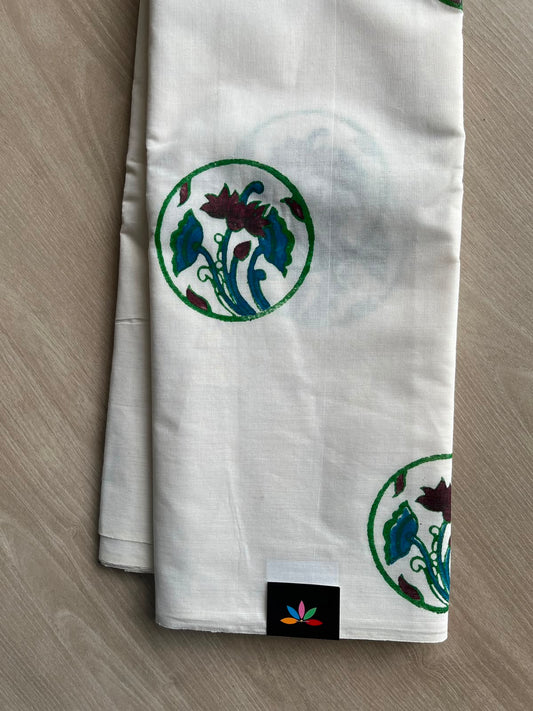 White Simple Block Printed Cotton Saree - 33593
