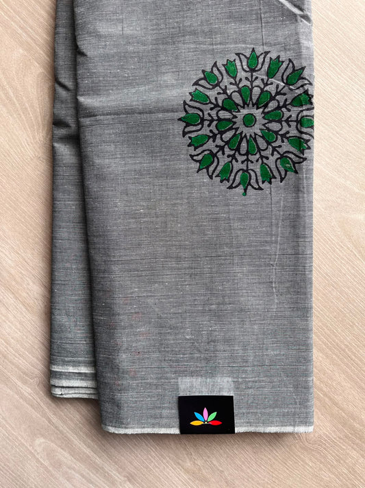 Steel Gray Simple Block Printed Cotton Saree - 33594
