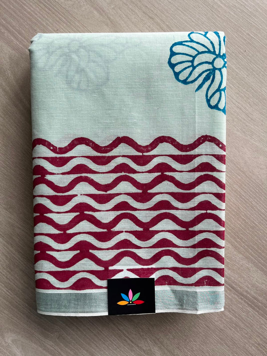 Soft Pale Blue Simple Block Printed Cotton Saree - 33595