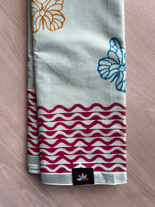 Soft Pale Blue Simple Block Printed Cotton Saree - 33595
