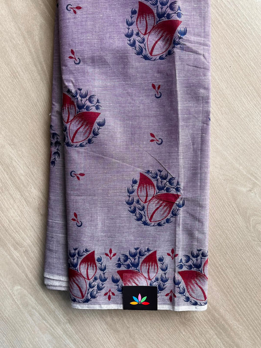 Dusty Violet Simple Block Printed Cotton Saree - 33596