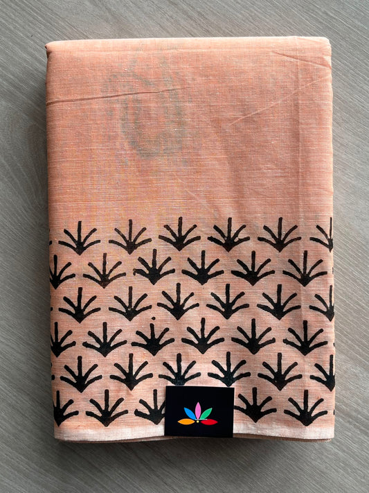 Peach Simple Block Printed Cotton Saree - 33600
