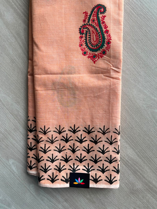 Peach Simple Block Printed Cotton Saree - 33600