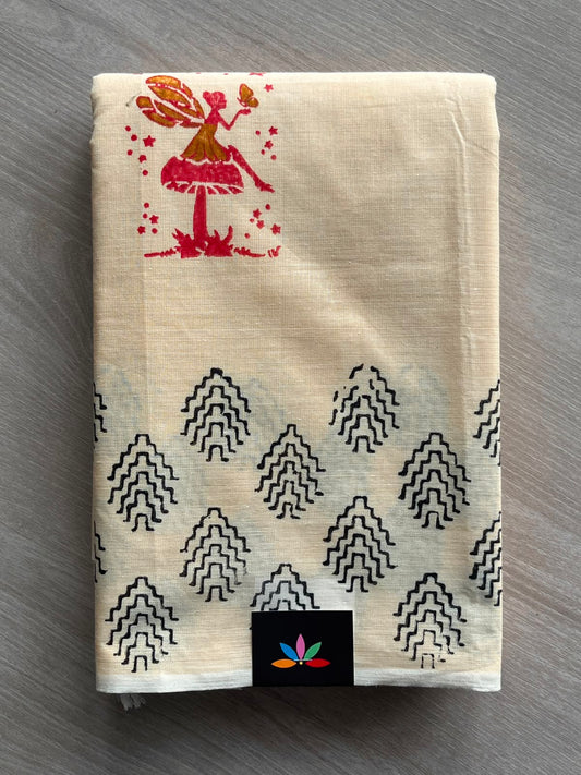 Butter Cream Simple Block Printed Cotton Saree - 33602