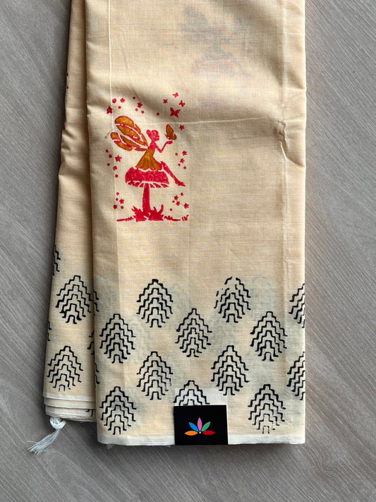 Butter Cream Simple Block Printed Cotton Saree - 33602